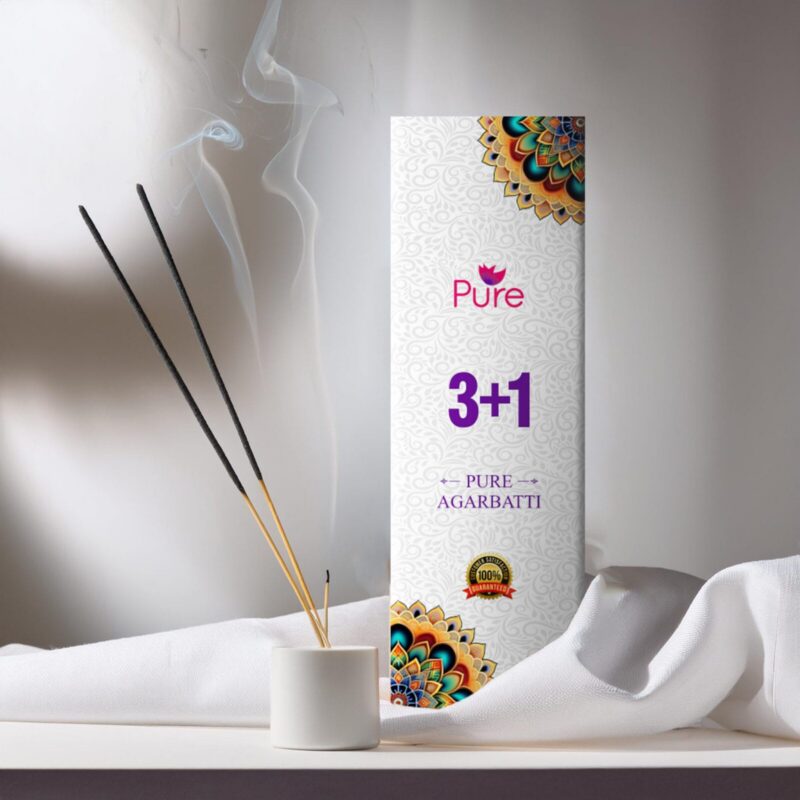Pure fragrance 3+1 Agarbatti box with lit incense sticks, ideal for spiritual home décor or near Sai Baba murti displays. – Devsamagri devotional product