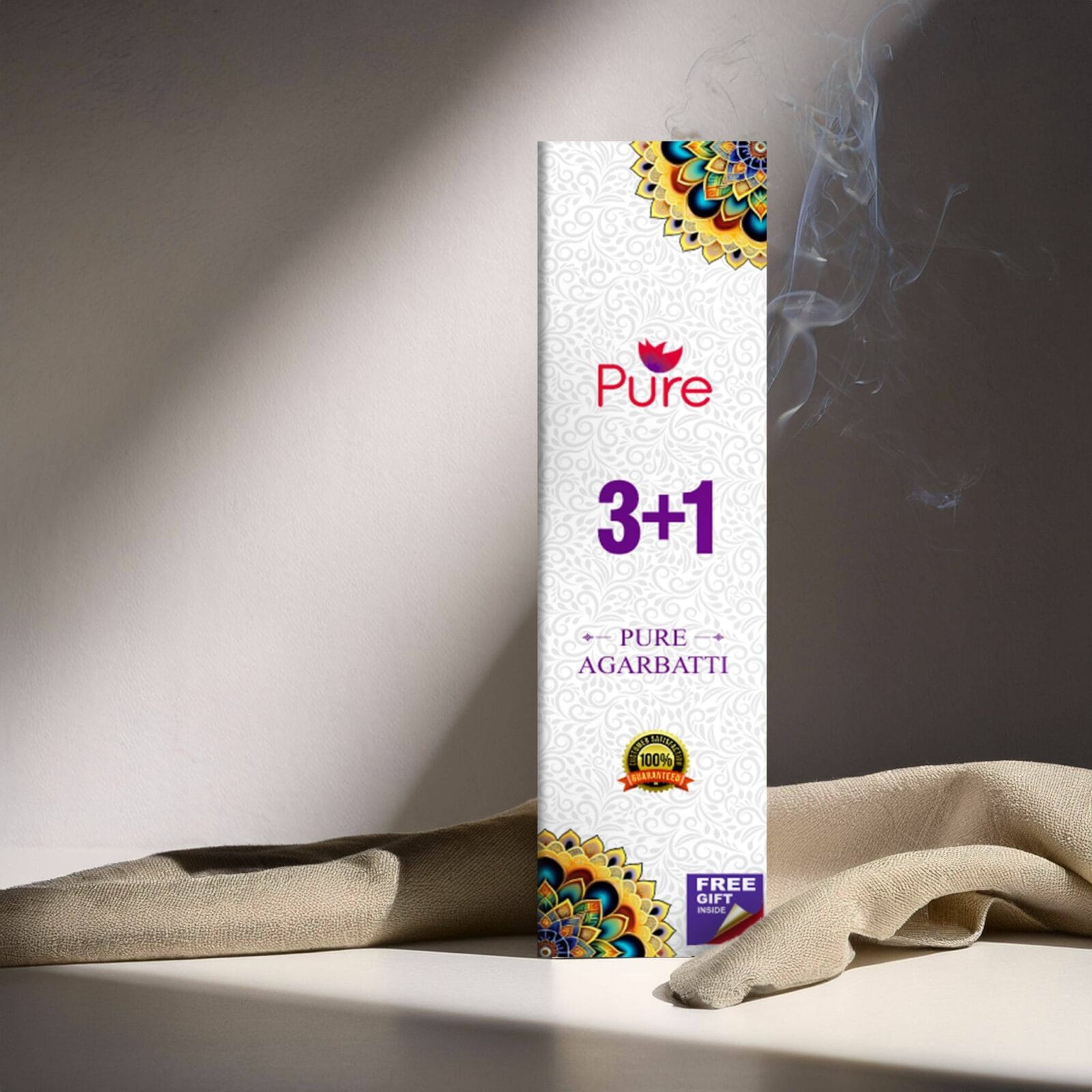Pure fragrance 3+1 Agarbatti box with incense smoke, ideal for spiritual home decor or near a Sai Baba murti display. – Devsamagri devotional product Pure fragrance 3+1 Agarbatti box with incense smoke, ideal for spiritual home decor or near a Sai Baba murti display. – Devsamagri devotional product