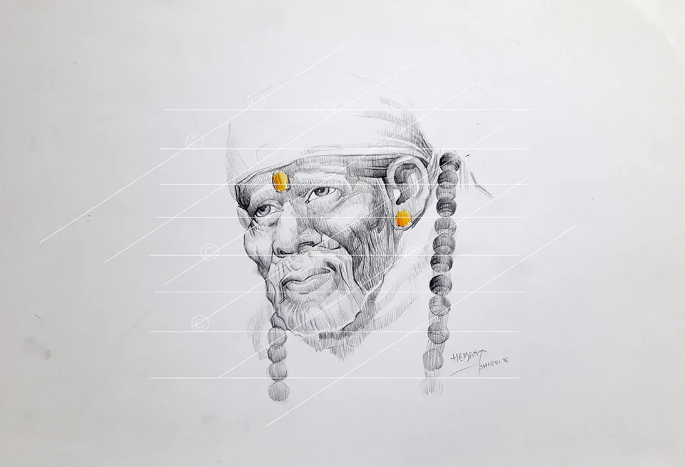 Shirdi Sai Baba Pencil Sketch Handmade Drawing for Home Temple Wall Decor