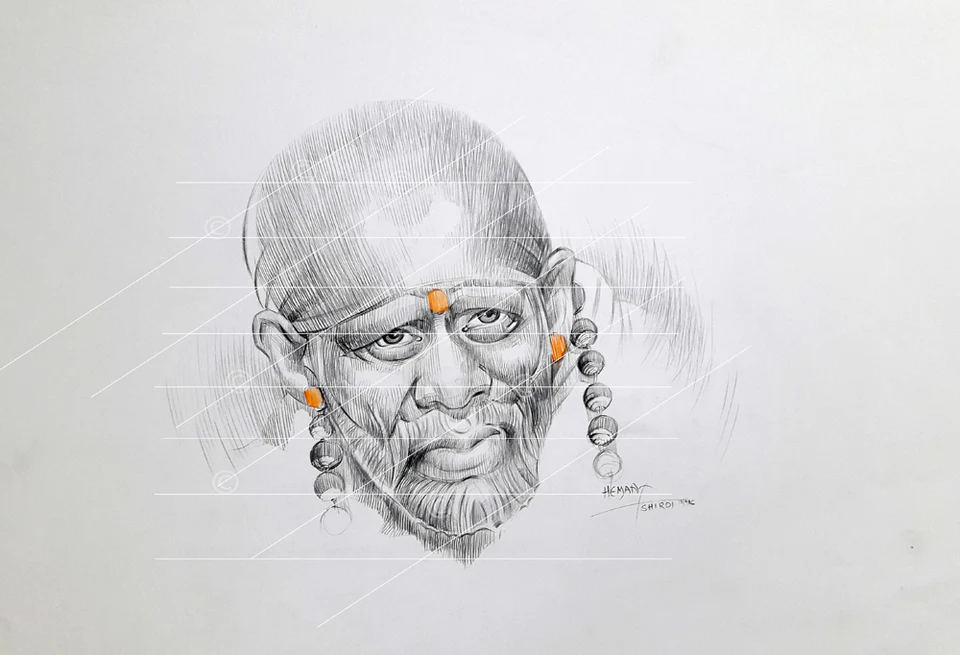 Shirdi Sai Baba Pencil Sketch Handmade Drawing for Home Temple Wall Decor