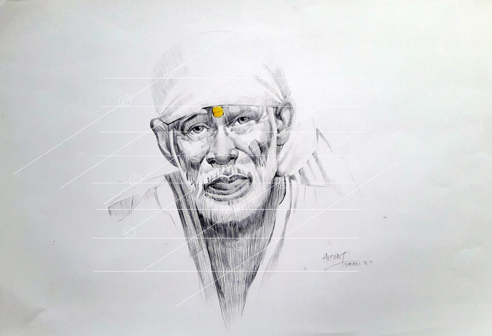 Shirdi Sai Baba Pencil Sketch Handmade Drawing for Home Temple Wall Decor