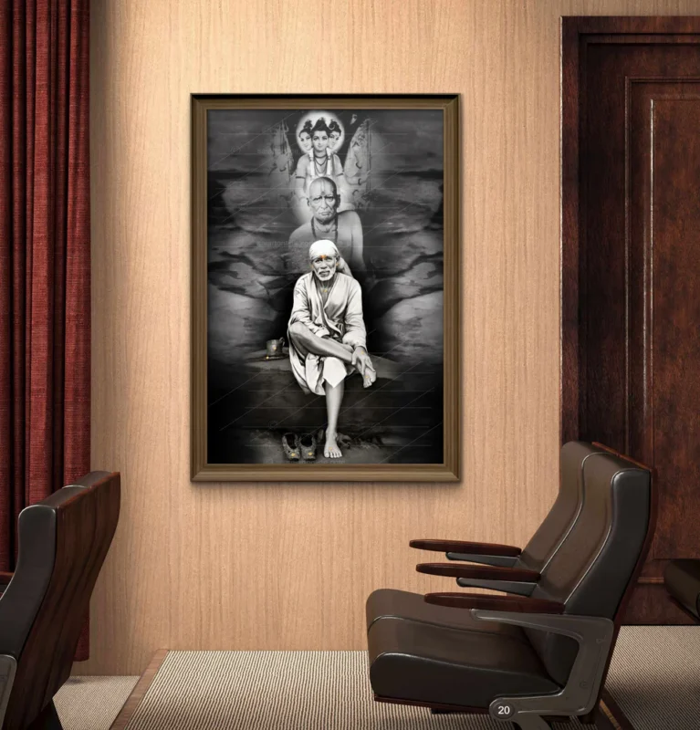 Shirdi Sai Baba Sitting on Stone Canvas Wall Painting for Home Temple Decor