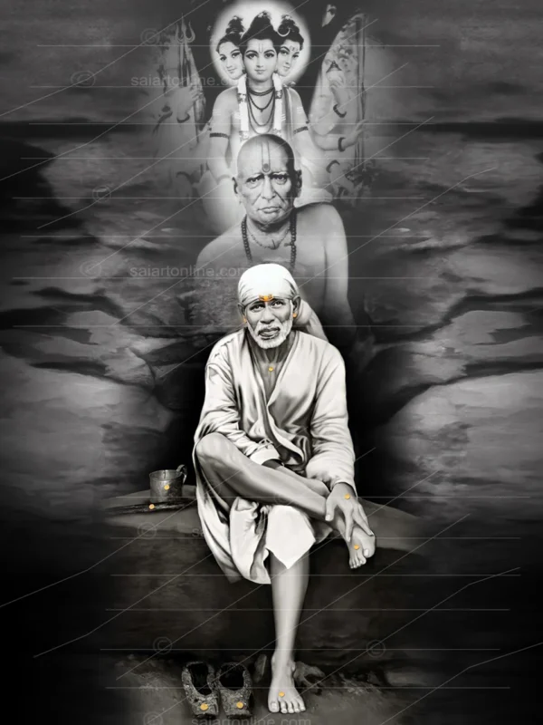 Shirdi Sai Baba Sitting on Stone Canvas Wall Painting for Home Temple Decor