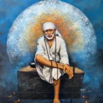 Shirdi Sai Baba Sitting on Stone Canvas Wall Painting for Home Temple Decor