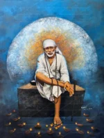 Shirdi Sai Baba Sitting on Stone Canvas Wall Painting for Home Temple Decor
