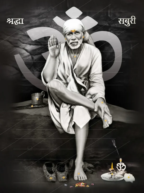 Shirdi Sai Baba Sitting on Stone Canvas Wall Painting for Home Temple Decor