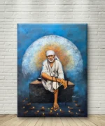 Shirdi Sai Baba Sitting on Stone Canvas Wall Painting for Home Temple Decor