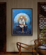 Shirdi Sai Baba Sitting on Stone Canvas Wall Painting for Home Temple Decor
