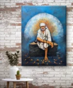 Shirdi Sai Baba Sitting on Stone Canvas Wall Painting for Home Temple Decor