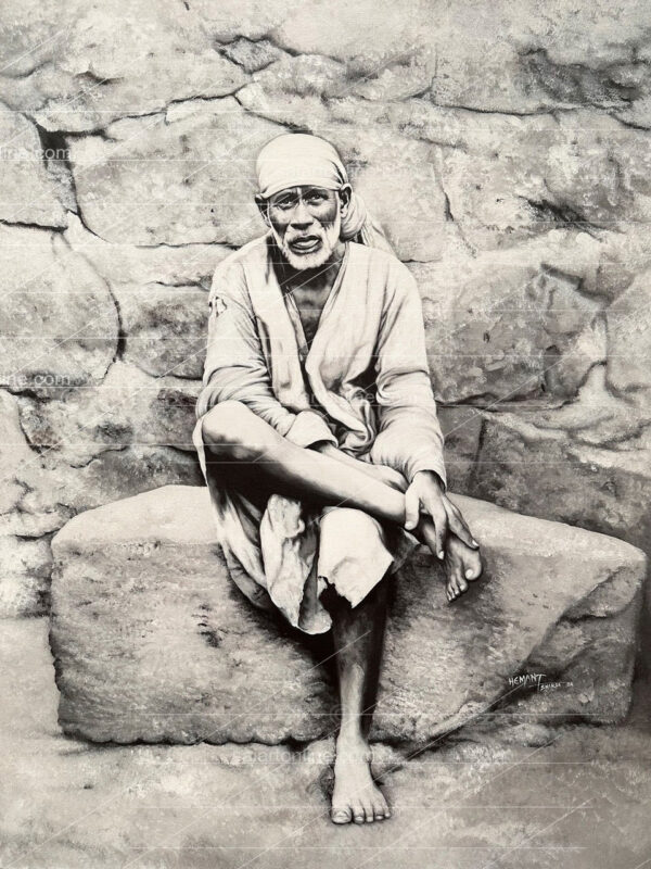 Shirdi Sai Baba Sitting on Stone Canvas Wall Painting for Home Temple Decor