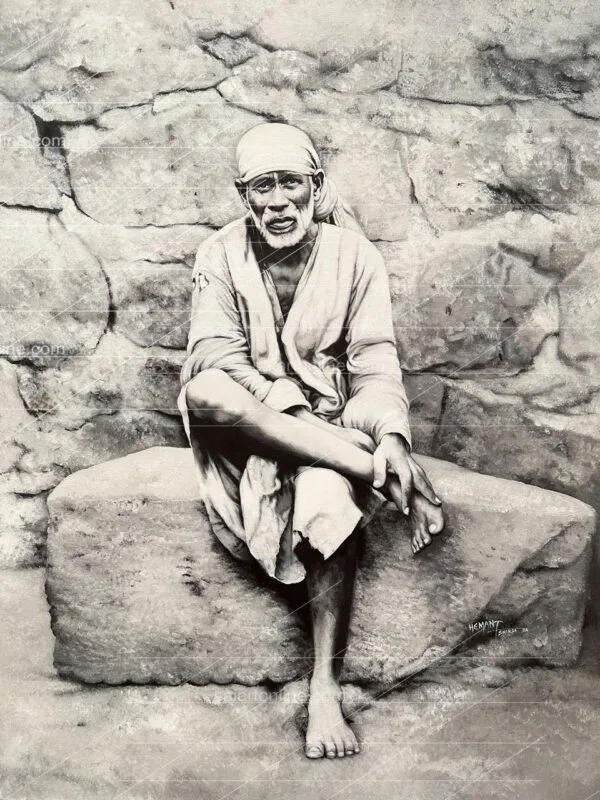 Shirdi Sai Baba Sitting on Stone Canvas Wall Painting for Home Temple Decor
