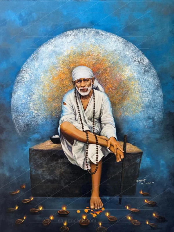 Shirdi Sai Baba Sitting on Stone Canvas Wall Painting for Home Temple Decor