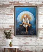 Shirdi Sai Baba Sitting on Stone Canvas Wall Painting for Home Temple Decor