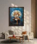 Shirdi Sai Baba Sitting on Stone Canvas Wall Painting for Home Temple Decor